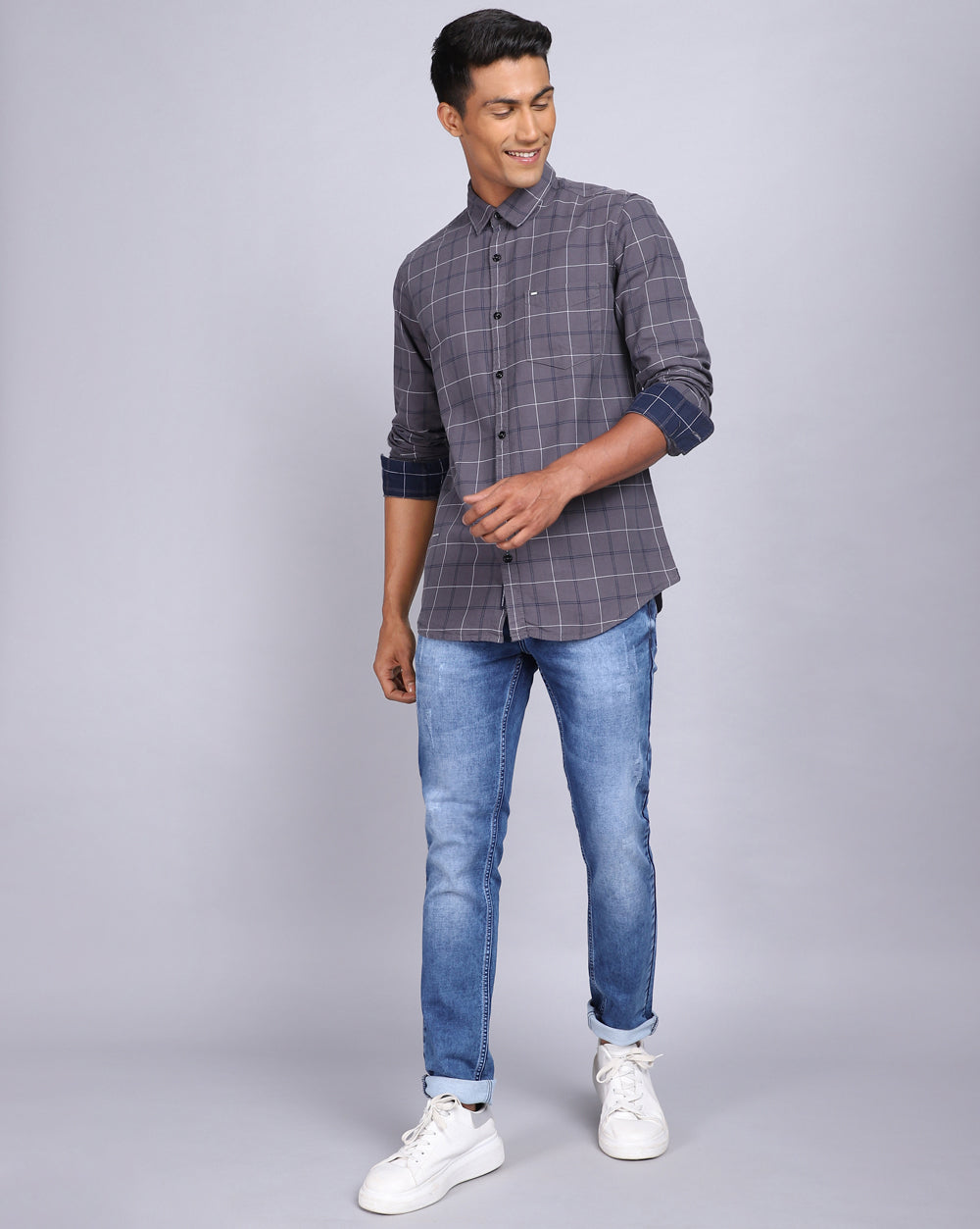 Smart Casual Full Sleeves Twill Check Shirt-Grey