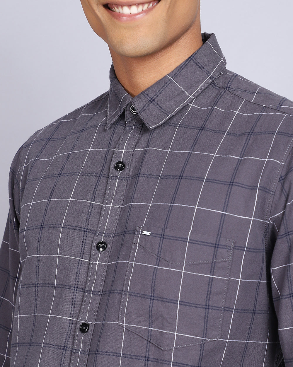 Smart Casual Full Sleeves Twill Check Shirt-Grey