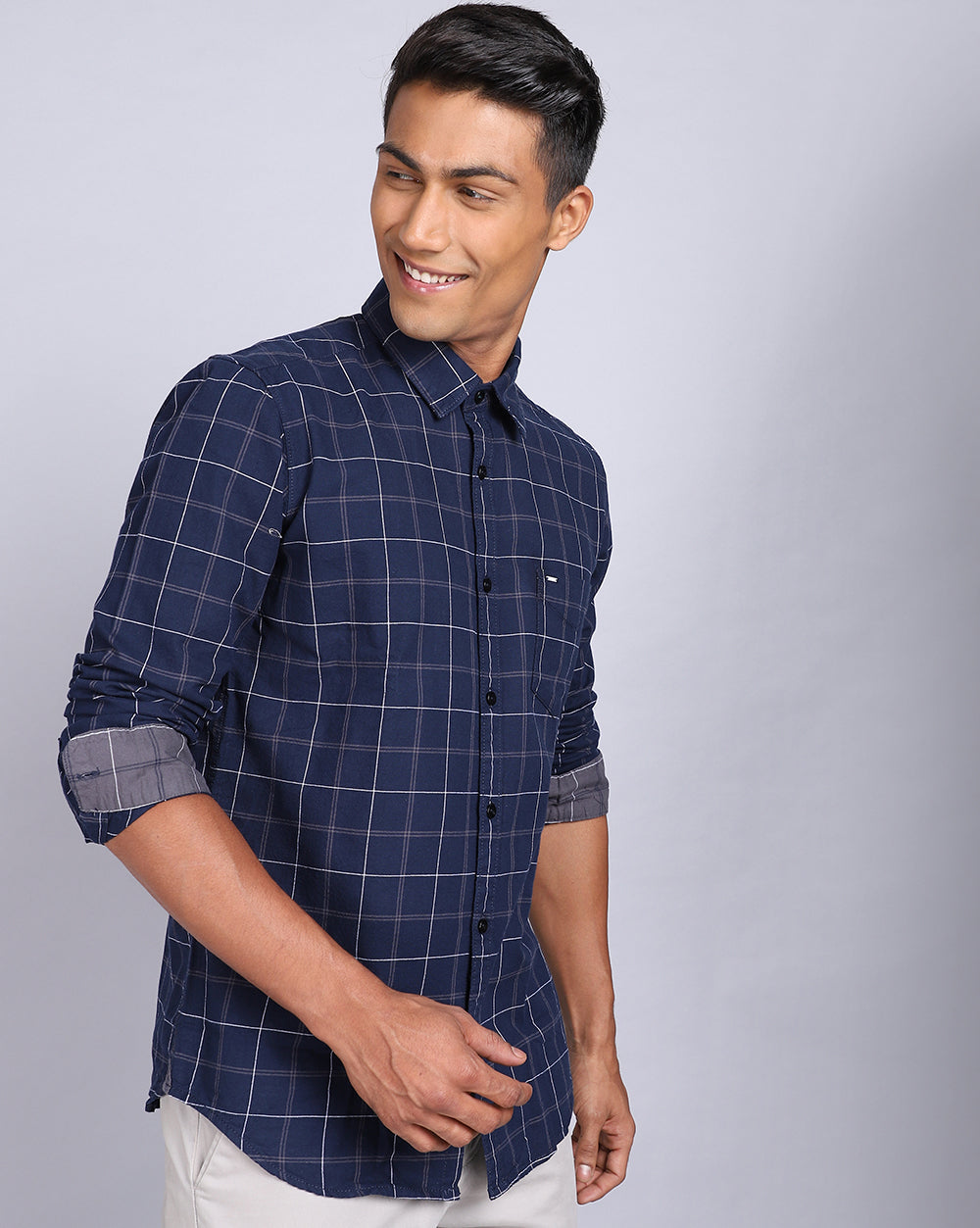 Smart Casual Full Sleeves Check Shirt-Navy
