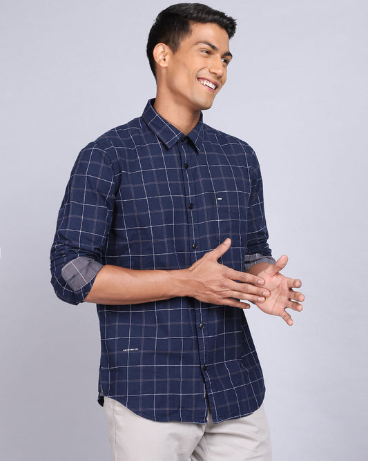 Smart Casual Full Sleeves Check Shirt-Navy