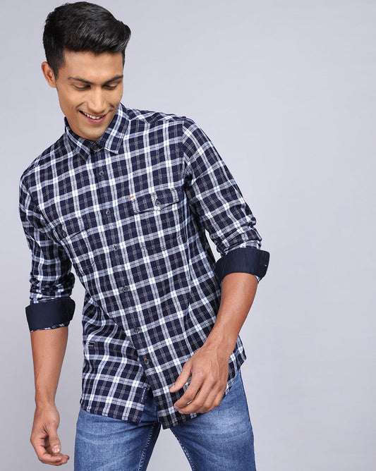 Smart Casual Double Pocket Check Shirt-Indigo