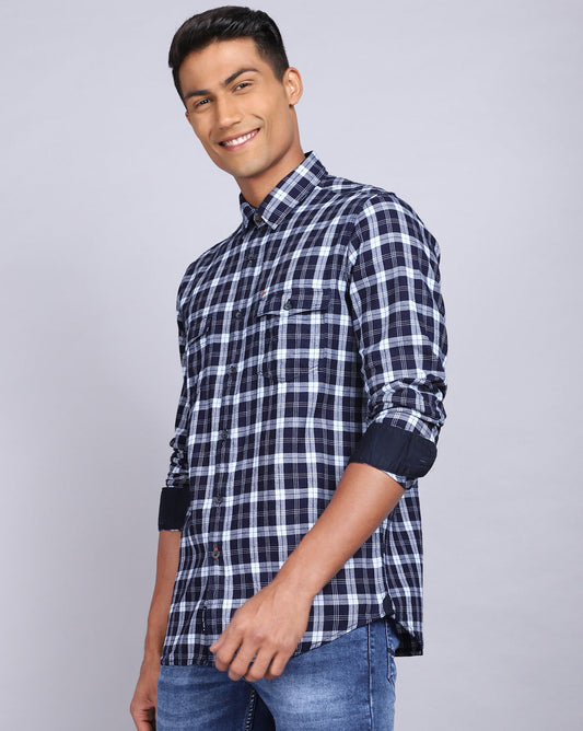 Smart Casual Double Pocket Check Shirt-Indigo