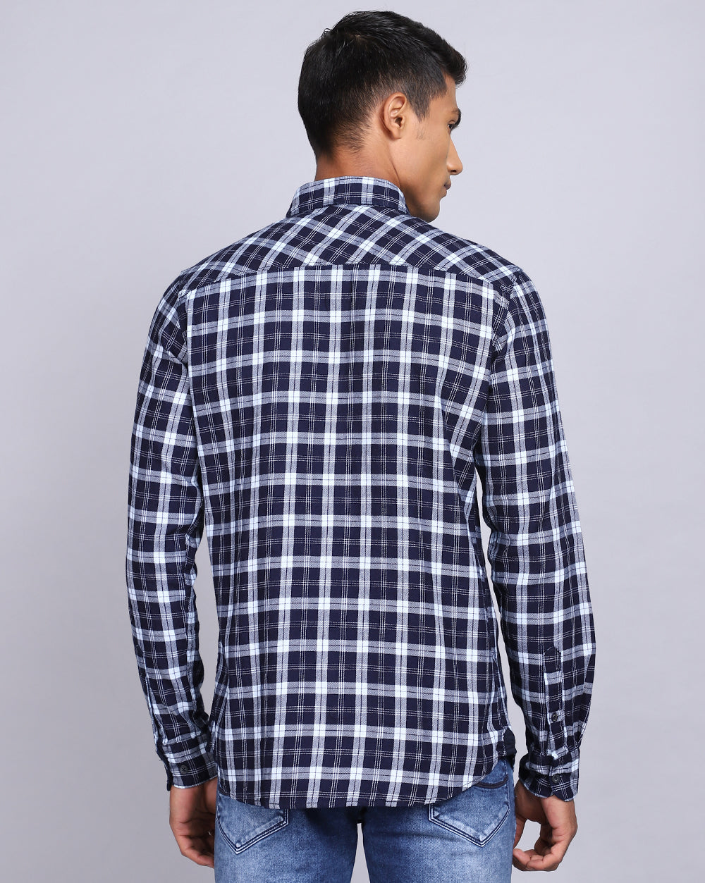 Smart Casual Double Pocket Check Shirt-Indigo