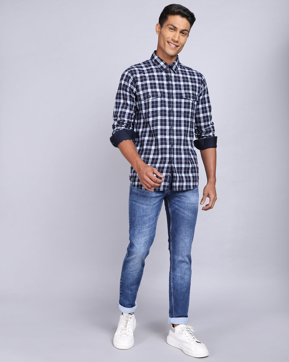 Smart Casual Double Pocket Check Shirt-Indigo