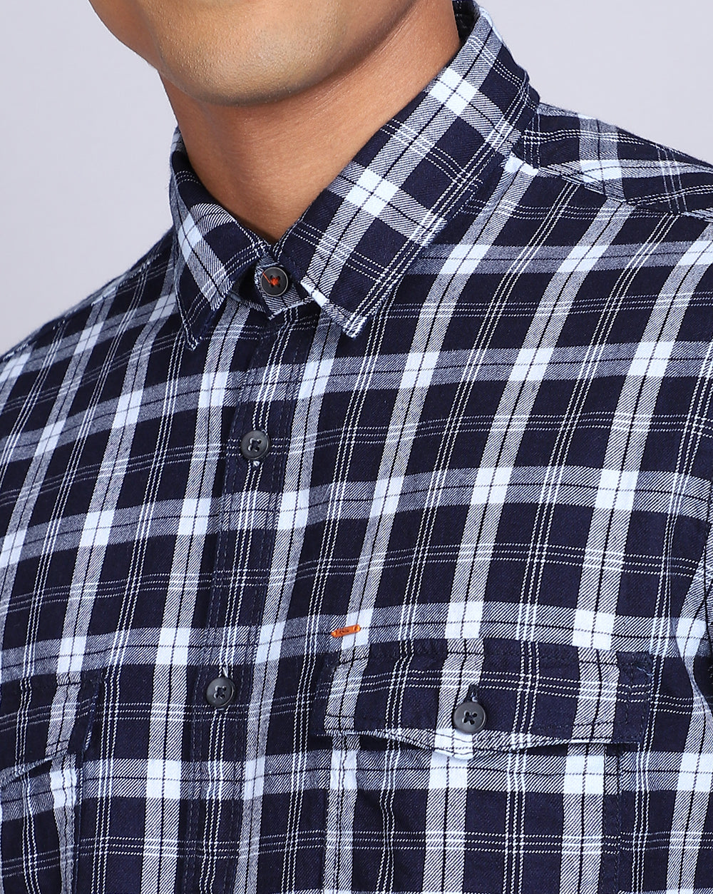 Smart Casual Double Pocket Check Shirt-Indigo