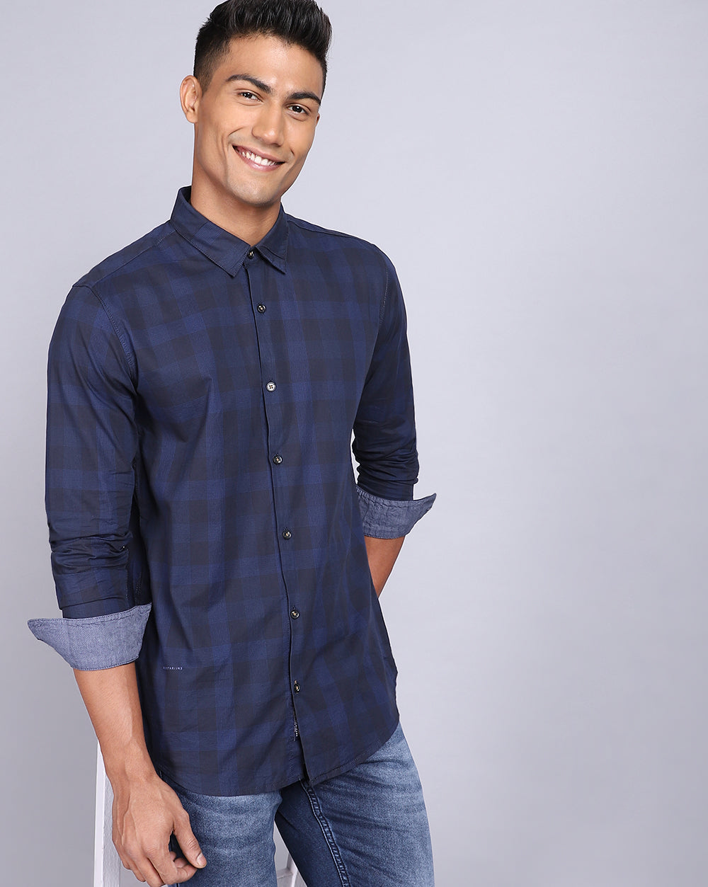 Smart Casual Full Sleeves Plaid Shirt-Navy