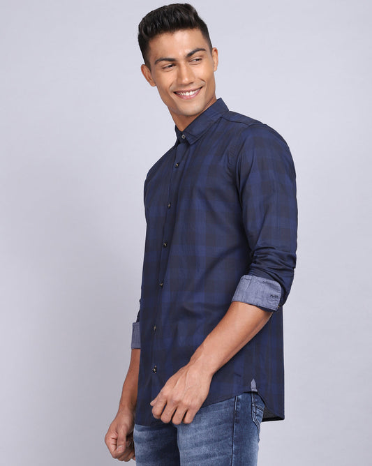 Smart Casual Full Sleeves Plaid Shirt-Navy