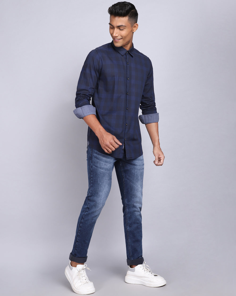 Smart Casual Full Sleeves Plaid Shirt-Navy