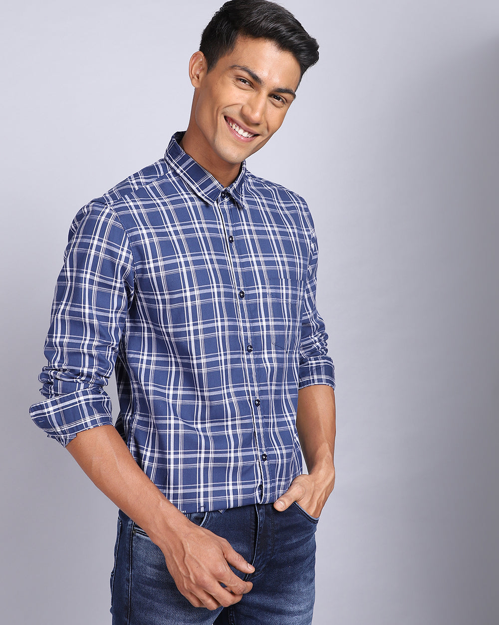 Smart Casual Full Sleeves Check Shirt-Mid Blue