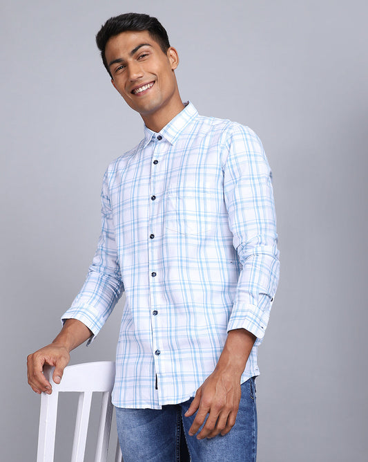 Smart Casual Full Sleeves Check Shirt-Blue and White