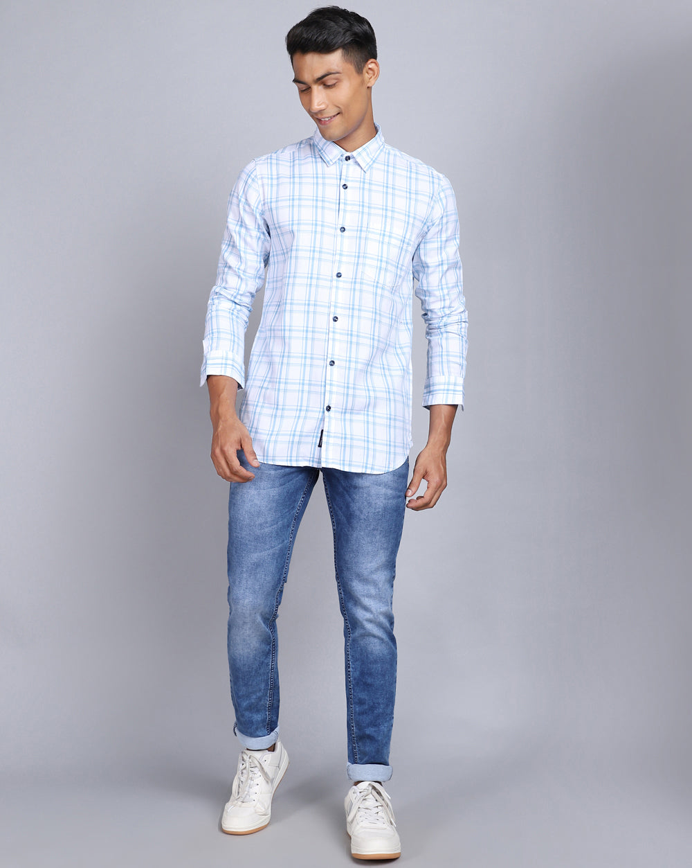 Smart Casual Full Sleeves Check Shirt-Blue and White