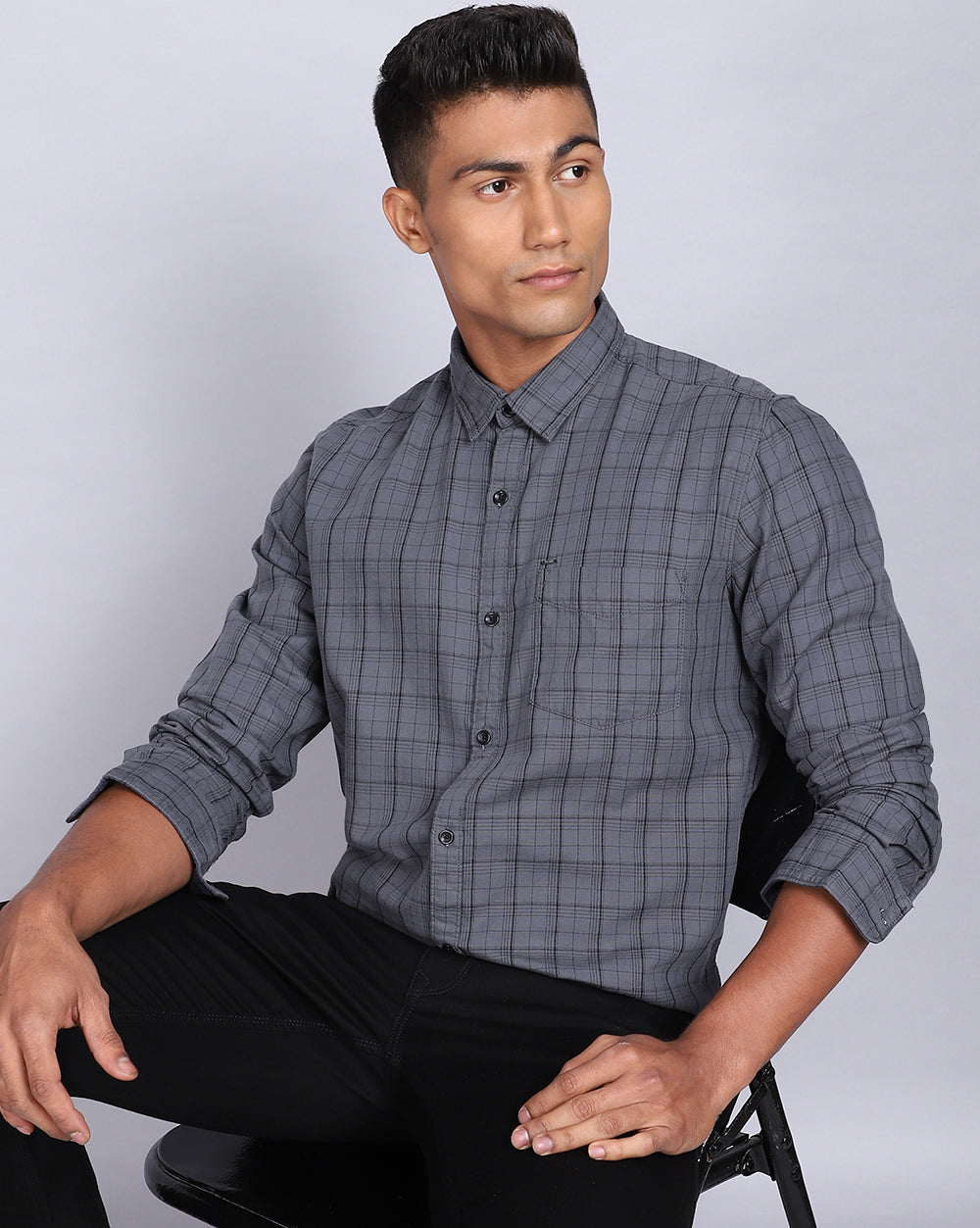 Smart Casual Full Sleeves Check Shirt-Charcoal