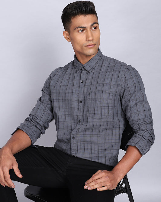Smart Casual Full Sleeves Check Shirt-Charcoal