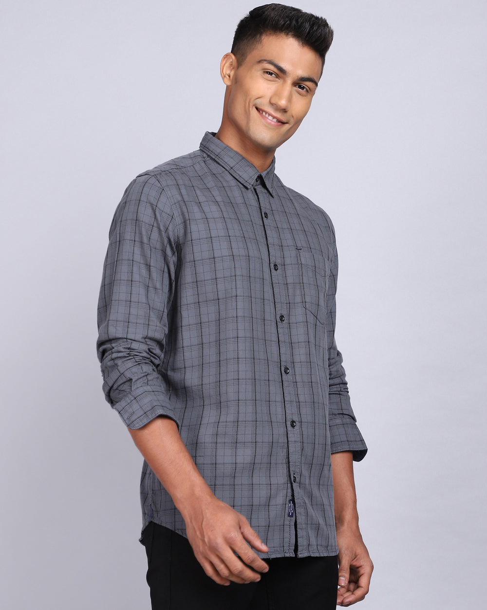Smart Casual Full Sleeves Check Shirt-Charcoal