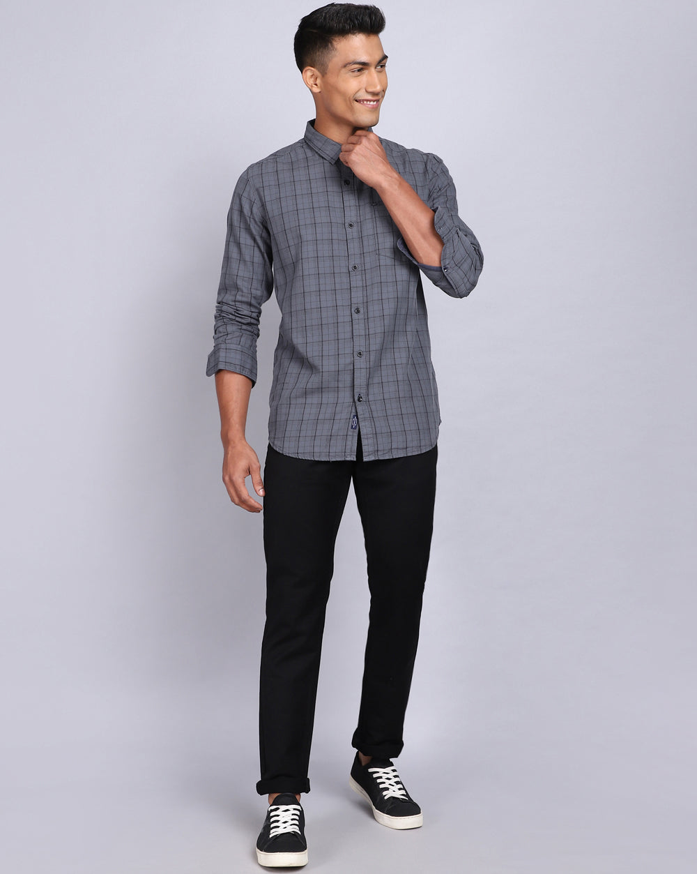 Smart Casual Full Sleeves Check Shirt-Charcoal