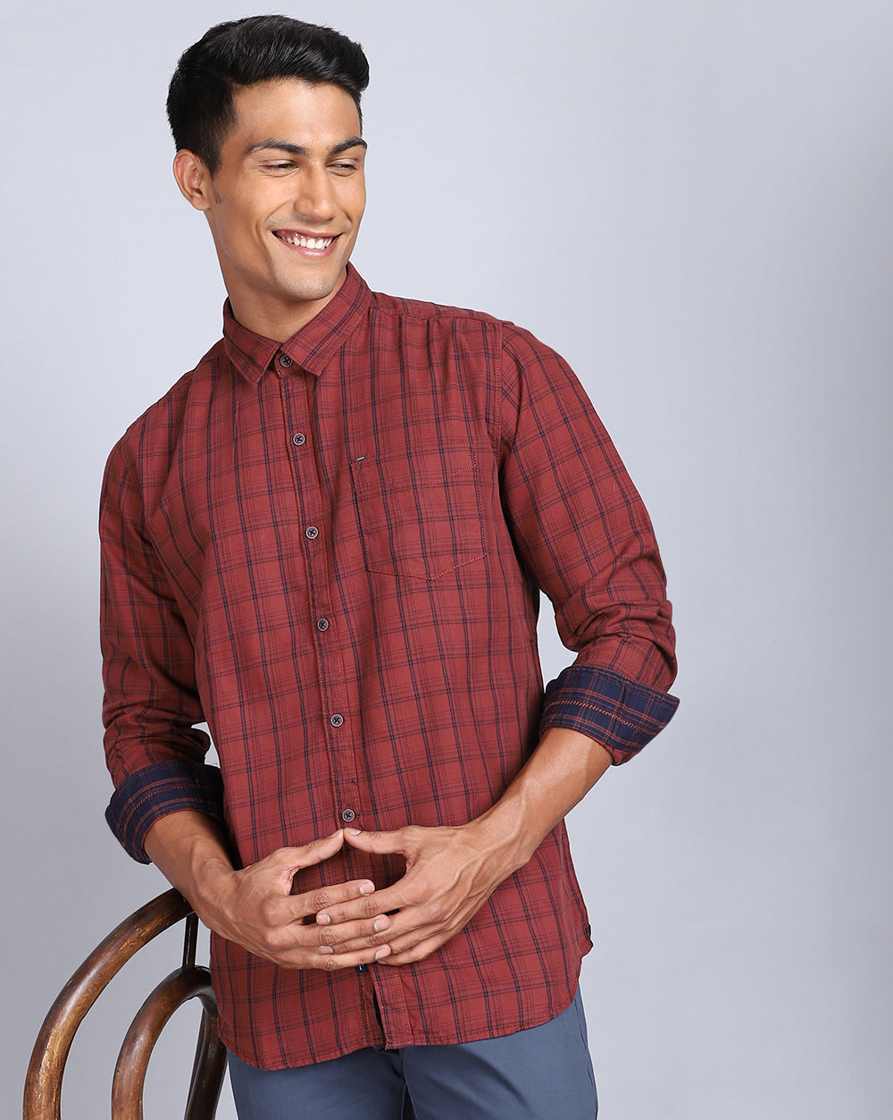 Smart Casual Full Sleeves Check Shirt-Rust