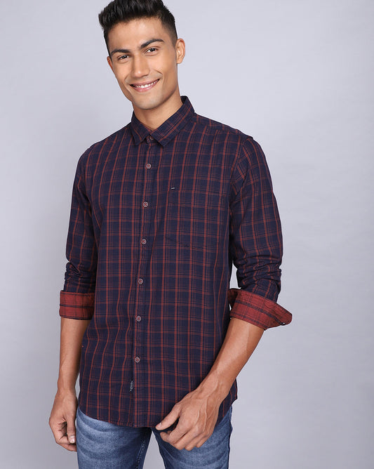 Smart Casual Full Sleeves Check Shirt-Navy and Rust