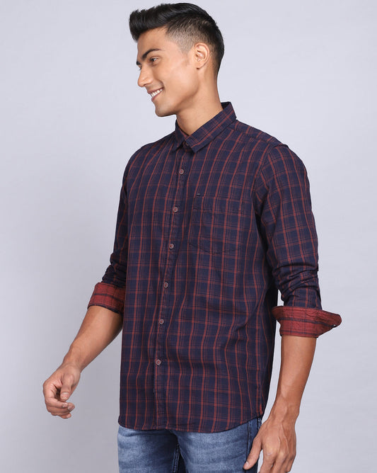 Smart Casual Full Sleeves Check Shirt-Navy and Rust