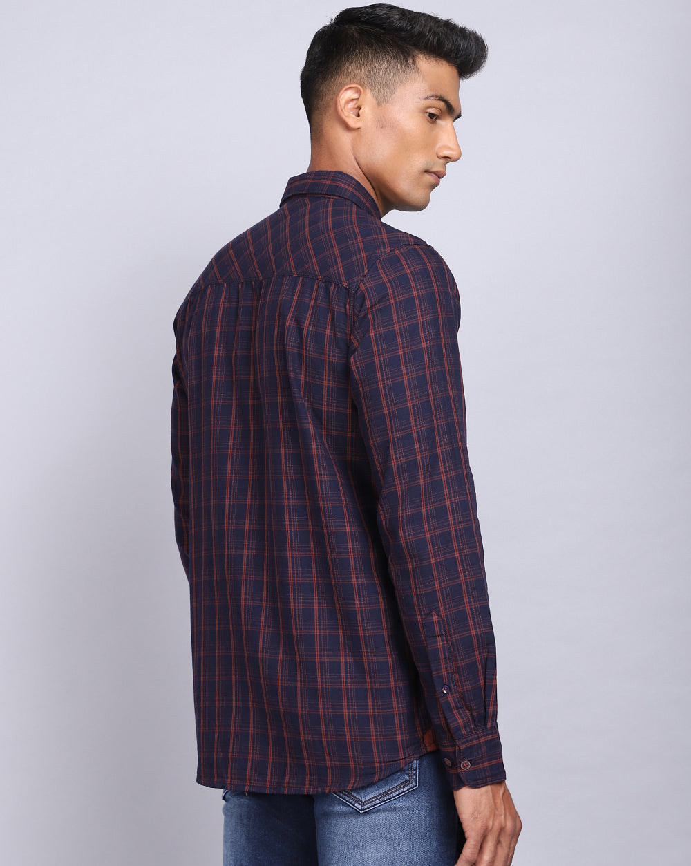 Smart Casual Full Sleeves Check Shirt-Navy and Rust