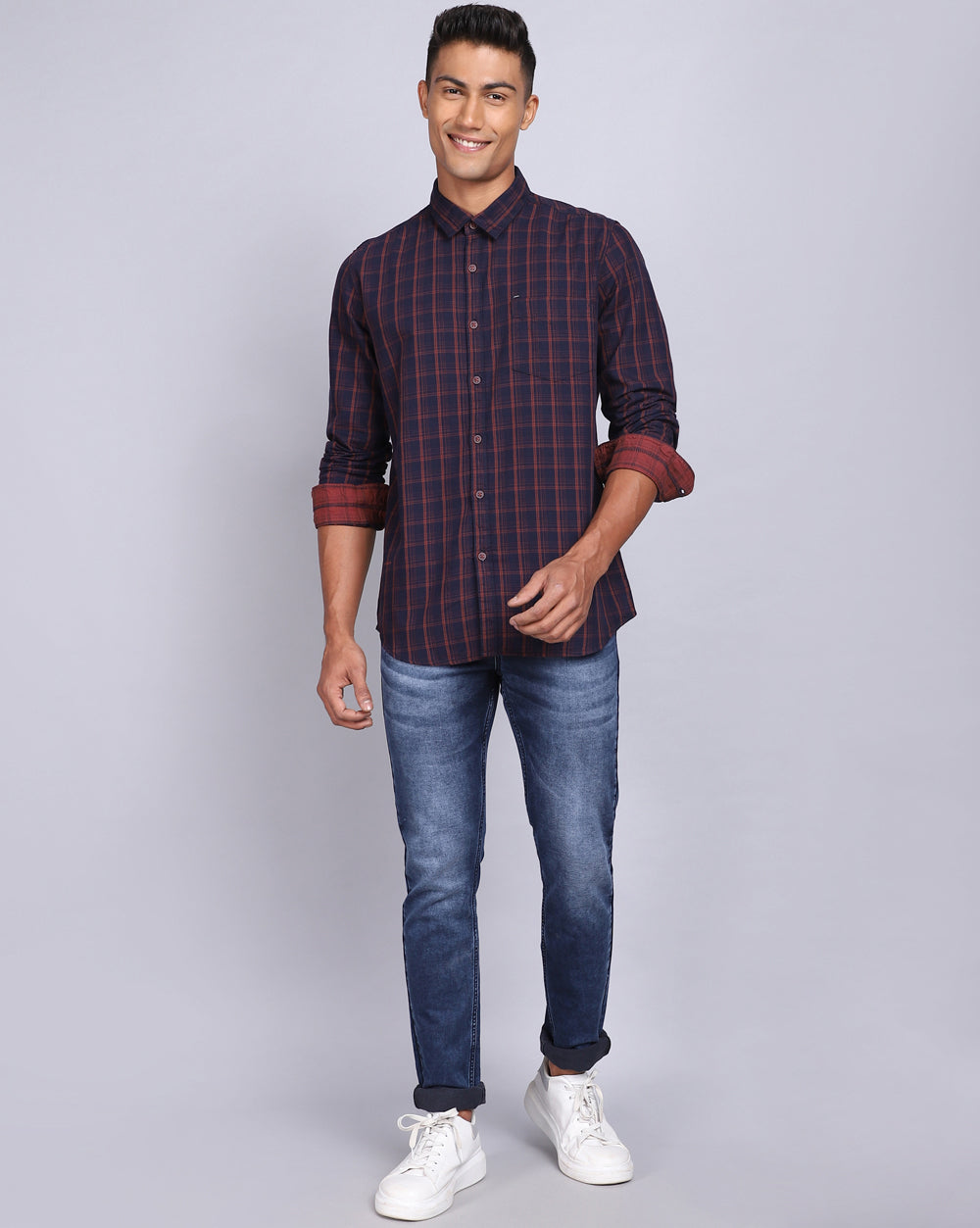 Smart Casual Full Sleeves Check Shirt-Navy and Rust