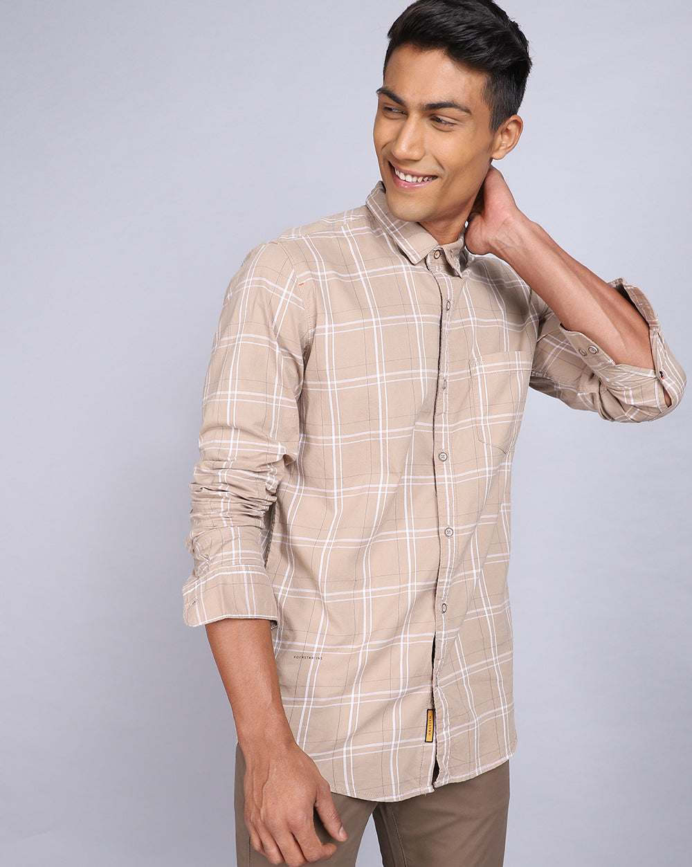 Smart Casual Full Sleeves Check Shirt-Khaki