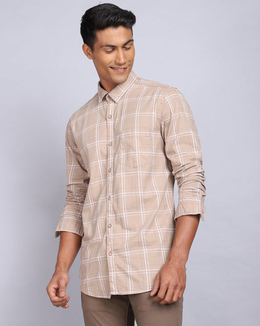 Smart Casual Full Sleeves Check Shirt-Khaki