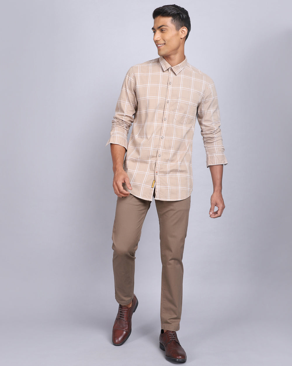 Smart Casual Full Sleeves Check Shirt-Khaki