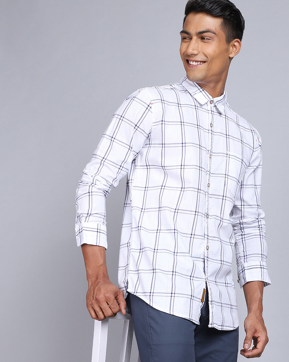 Smart Casual Full Sleeves Check Shirt-White