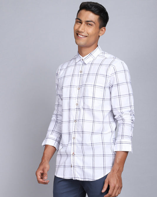 Smart Casual Full Sleeves Check Shirt-White