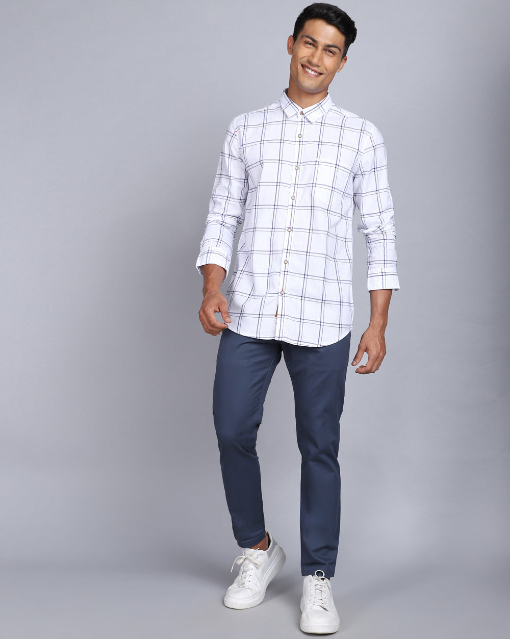 Smart Casual Full Sleeves Check Shirt-White