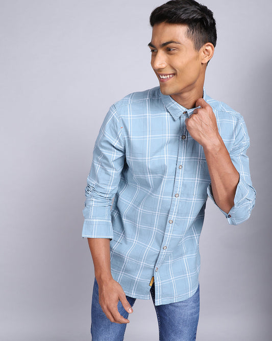 Smart Casual Full Sleeves Check Shirt-Sea Blue