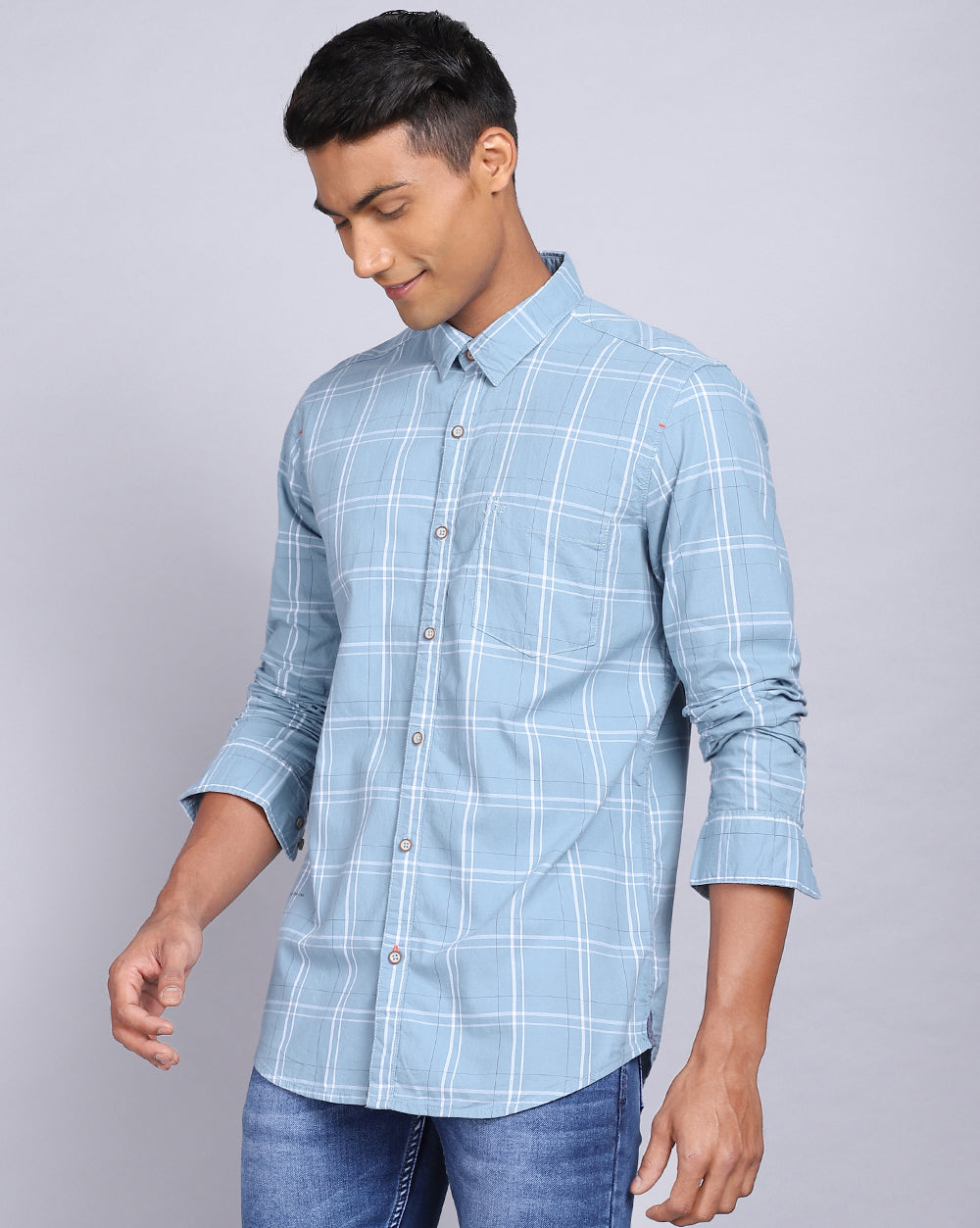 Smart Casual Full Sleeves Check Shirt-Sea Blue