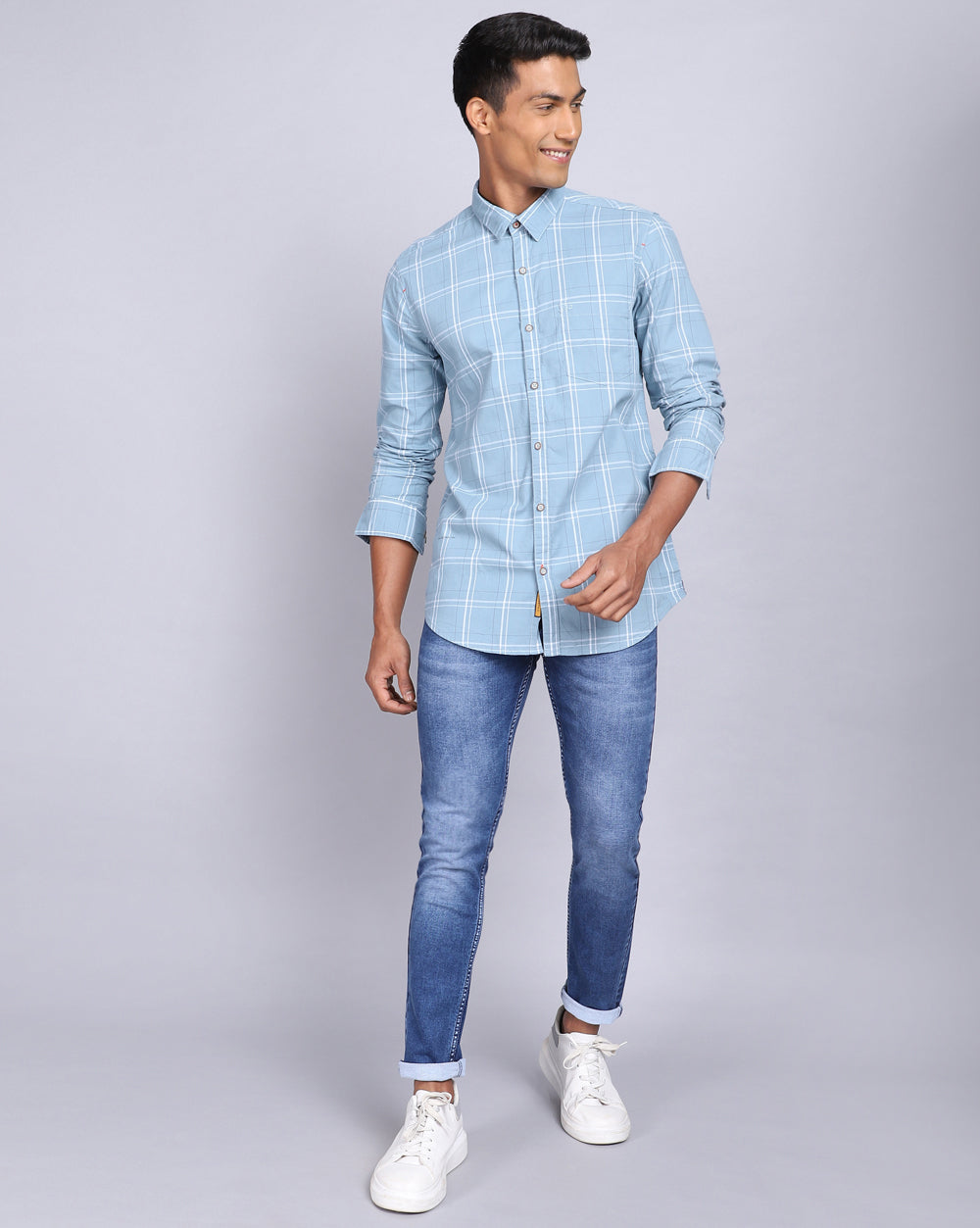 Smart Casual Full Sleeves Check Shirt-Sea Blue