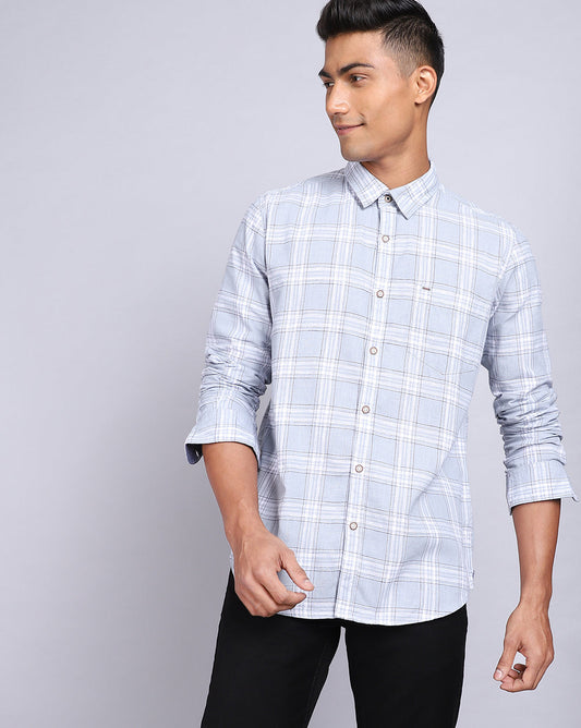 Smart Casual Full Sleeves Check Shirt-Grey