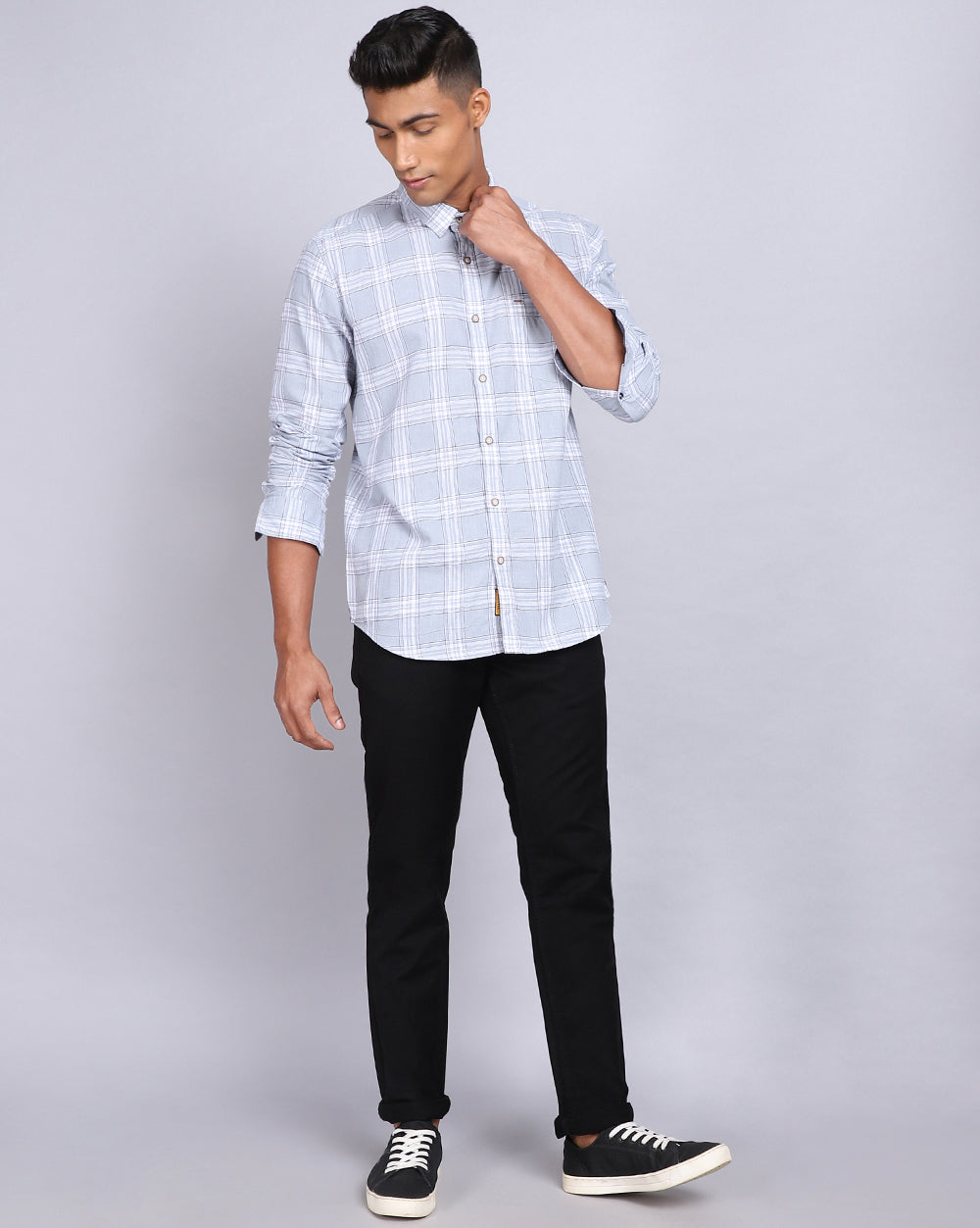 Smart Casual Full Sleeves Check Shirt-Grey