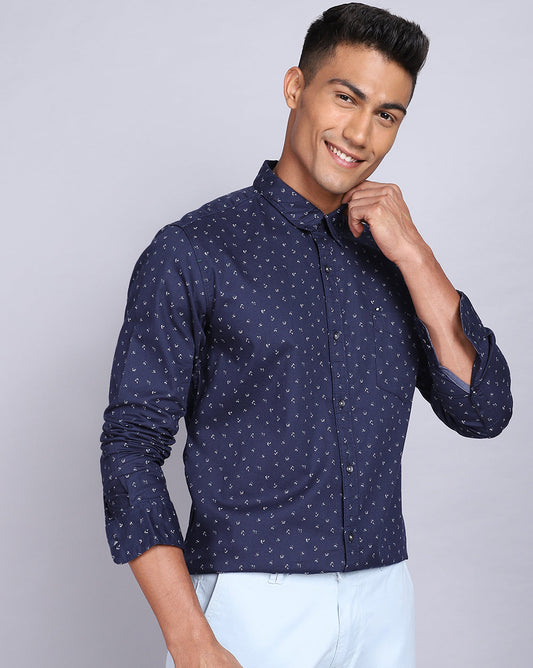 Printed Smart Casual Shirt-Midnight Blue
