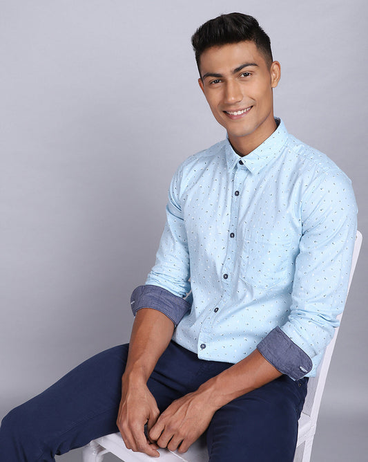 Printed Smart Casual Shirt-Sky Blue