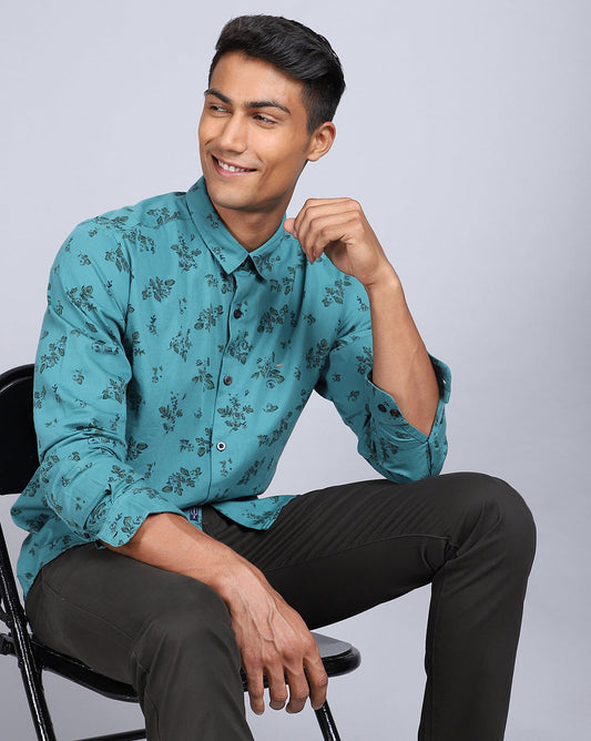 Printed Smart Casual Shirt-Sea Green