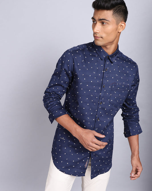 Printed Smart Casual Shirt-Cobalt Blue