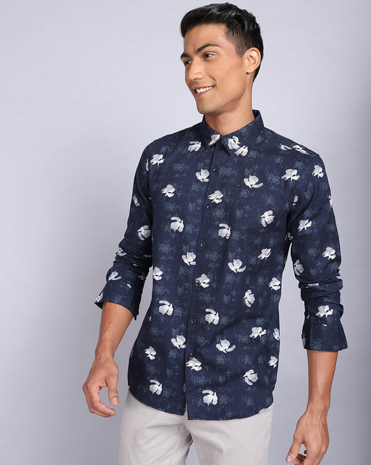 Printed Smart Casual Shirt-Deep Blue