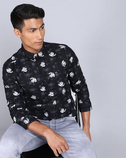 Printed Smart Casual Shirt-Deep Black