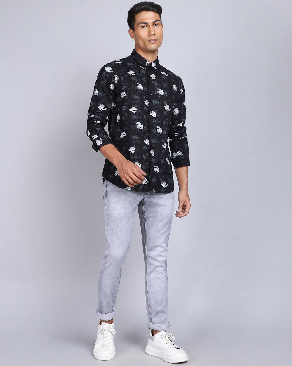 Printed Smart Casual Shirt-Deep Black