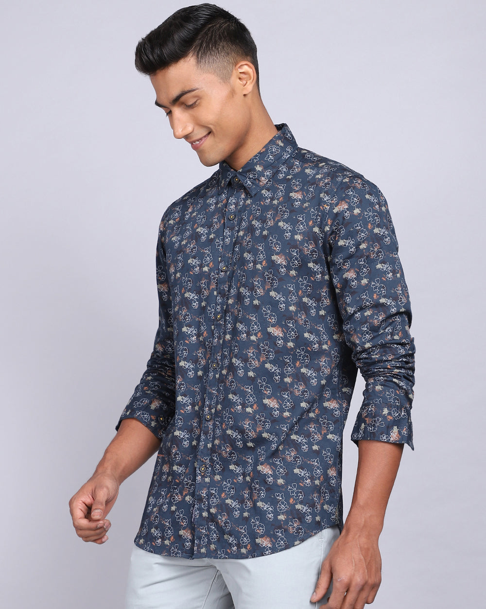 Printed Smart Casual Shirt-Petrol