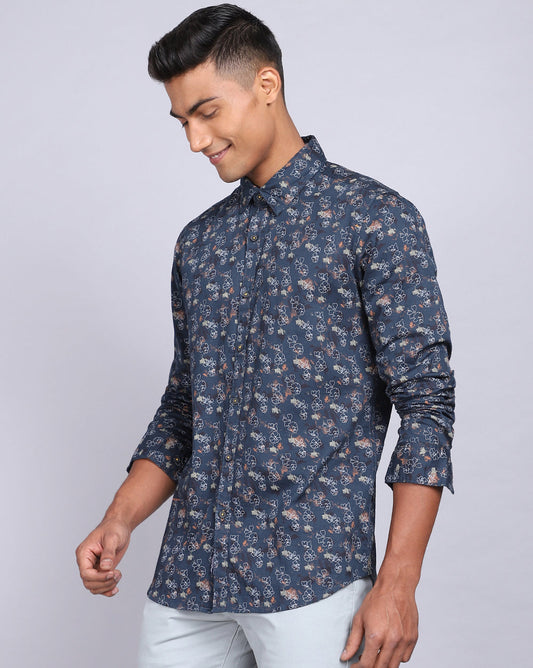 Printed Smart Casual Shirt-Petrol