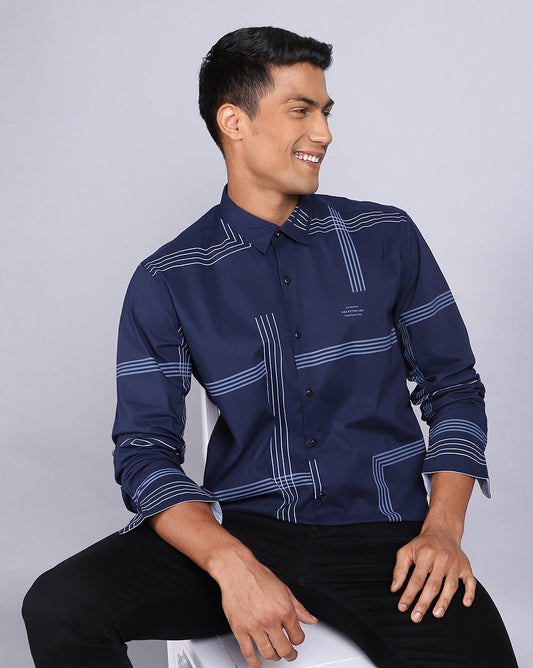 Printed Smart Casual Shirt-Indigo Blue