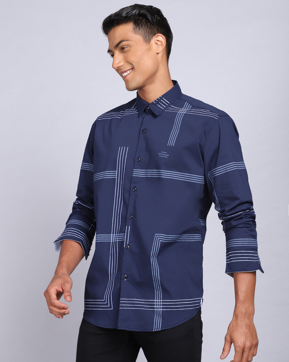 Printed Smart Casual Shirt-Indigo Blue