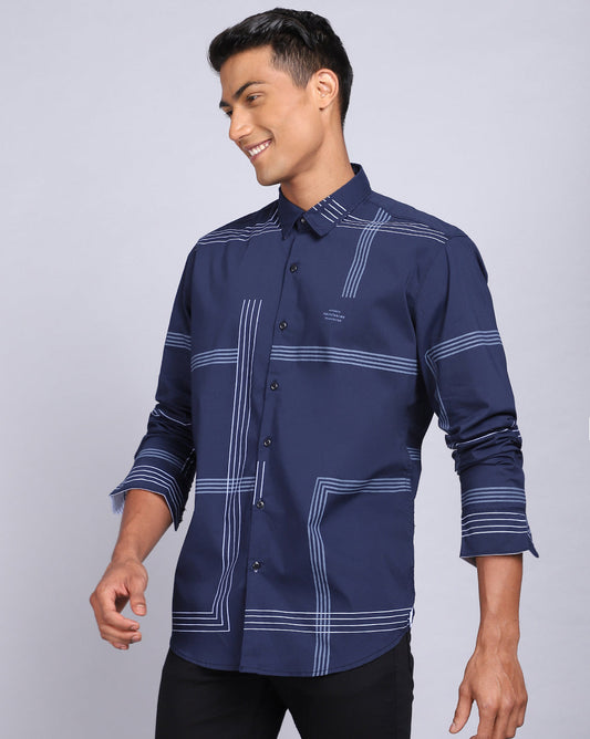 Printed Smart Casual Shirt-Indigo Blue