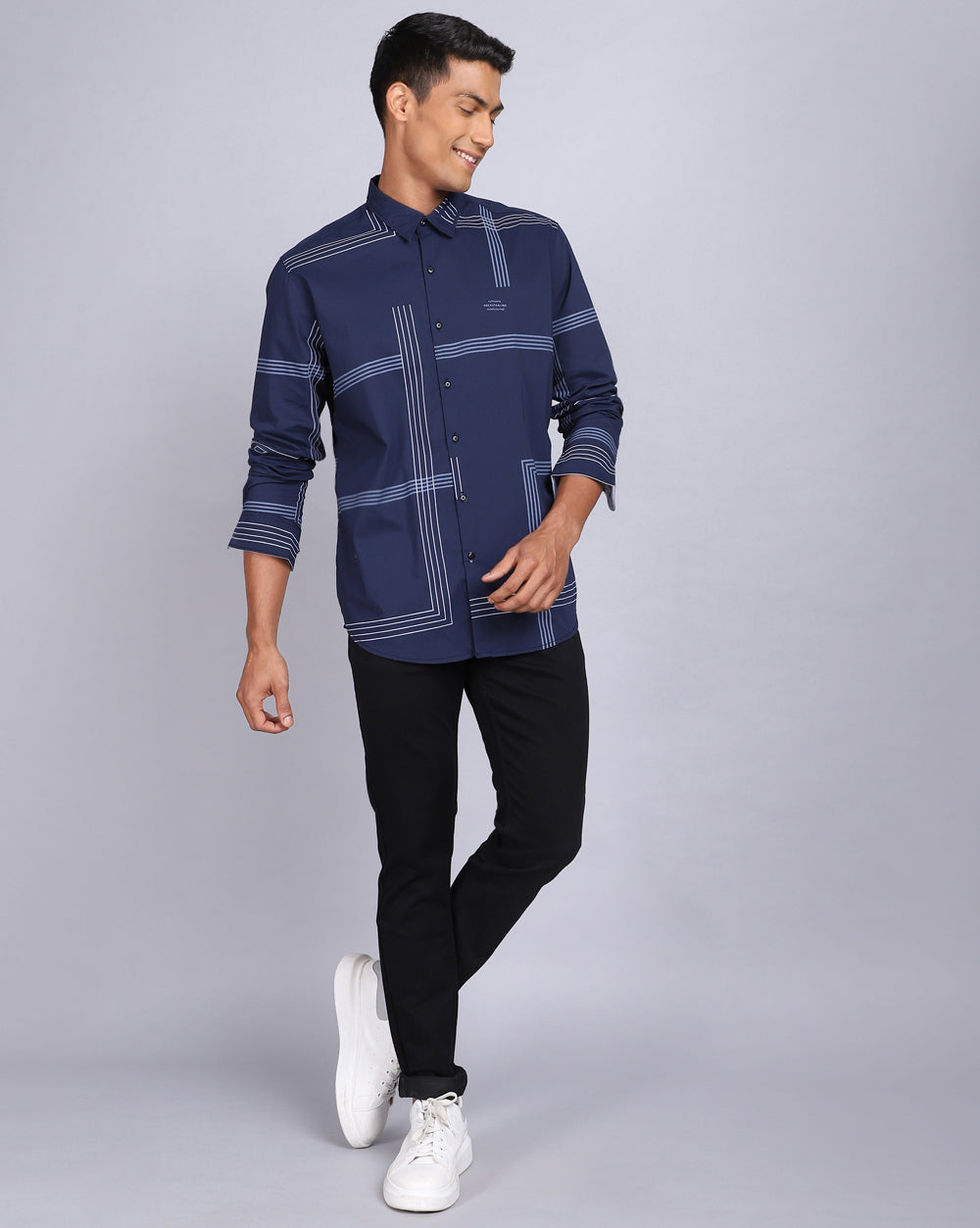 Printed Smart Casual Shirt-Indigo Blue