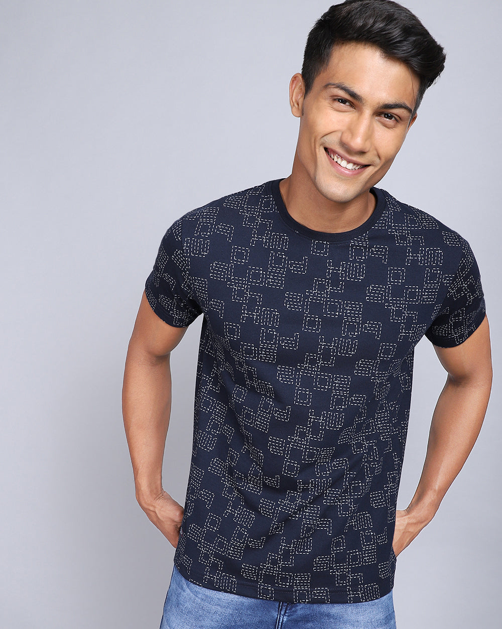 Crew Neck Aop T-Shirt-Navy,Acru Melange