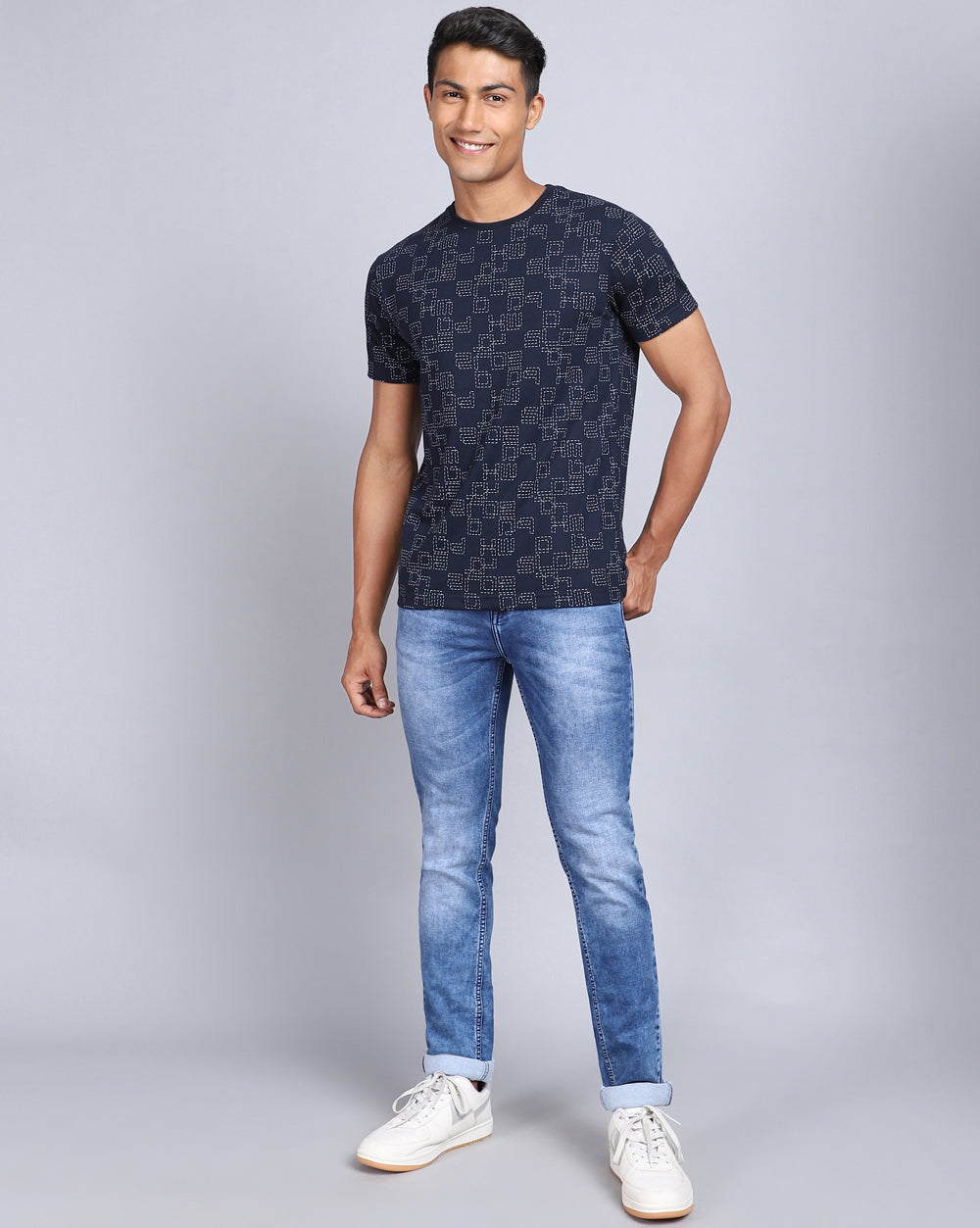 Crew Neck Aop T-Shirt-Navy,Acru Melange